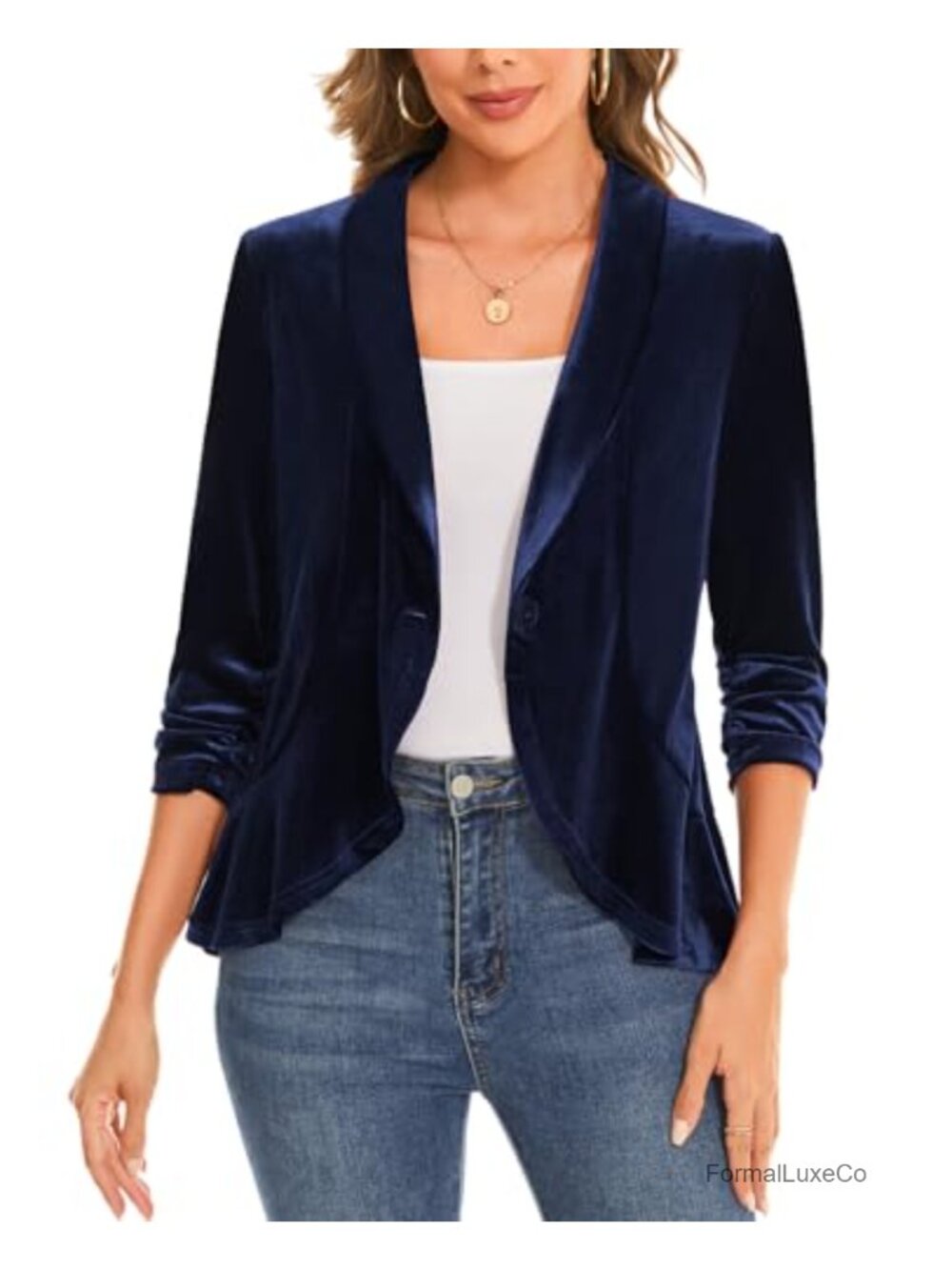 Velvet Blazer 3/4 Sleeve Ruffle Shawl Lapel Suit Jacket Business Casual Work